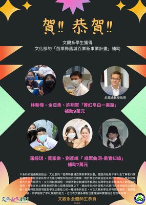 恭賀文觀系學生獲得[苗栗縣舊城百業計畫]補助