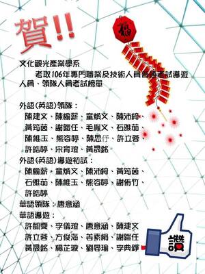 本系同學考取「106年專門職業及技術人員普通考試導遊人員、領隊人員考試」專業證照共計32人次，再創佳績！