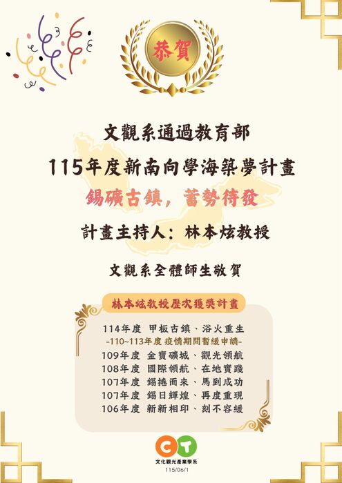 【榮譽榜】恭賀！文觀系通過教育部115年度新南向學海築夢計畫圖片